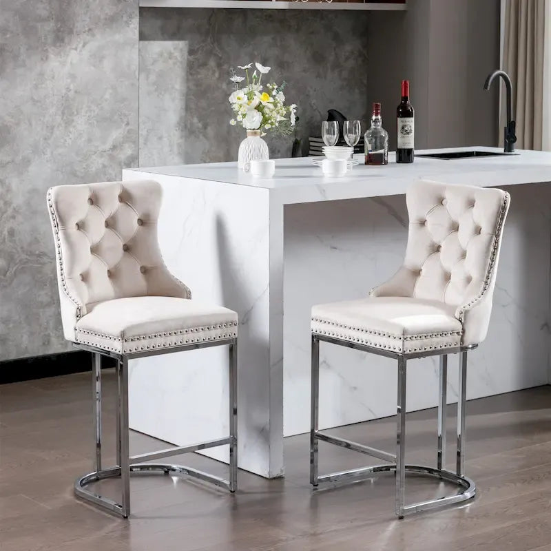 Velvet High-Back Counter Stool, Set of 2 – Light Blue / Beige / Grey