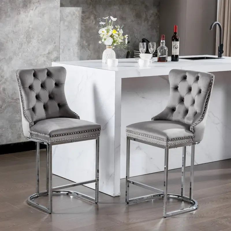 Velvet High-Back Counter Stool, Set of 2 – Light Blue / Beige / Grey