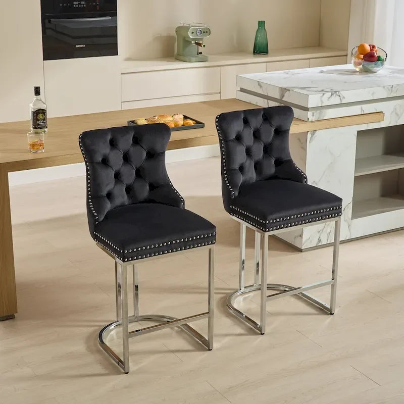 Velvet High-Back Counter Stool, Set of 2 – Light Blue / Beige / Grey