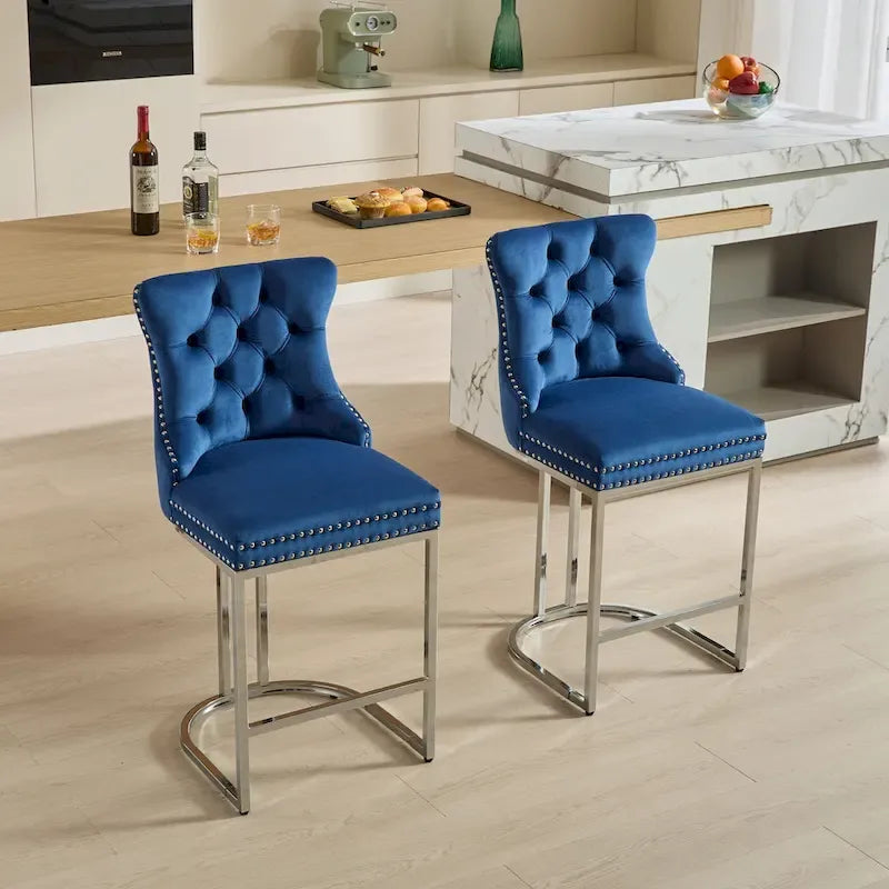 Velvet High-Back Counter Stool, Set of 2 – Light Blue / Beige / Grey