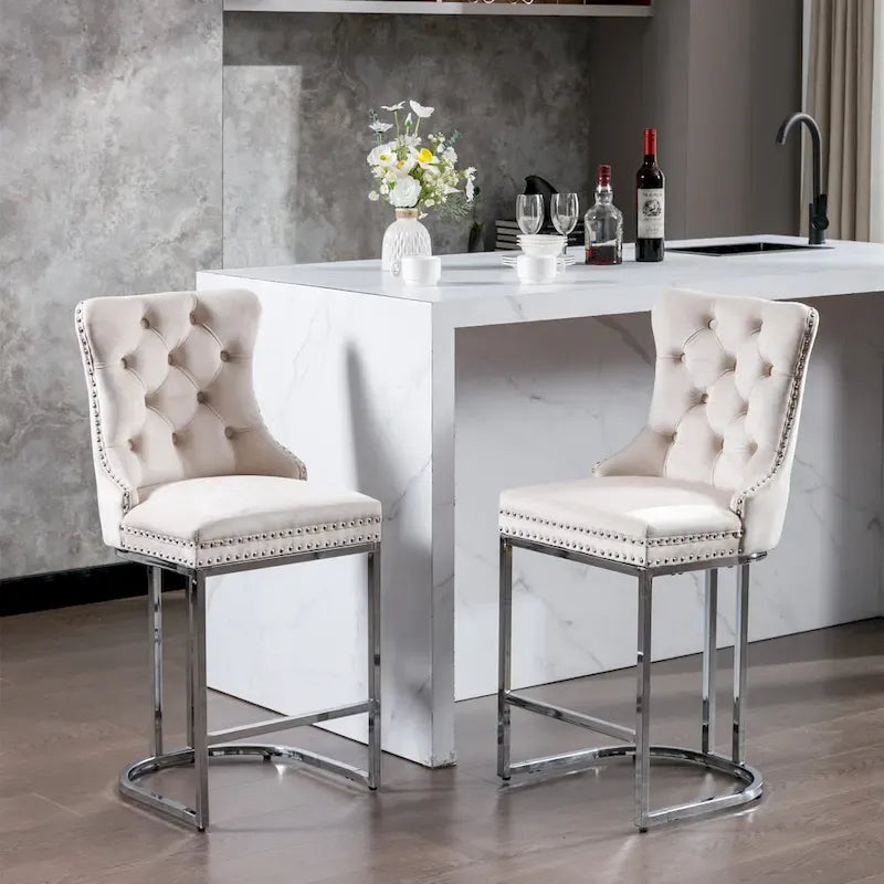 Velvet High-Back Counter Stool, Set of 2 – Light Blue / Beige / Grey