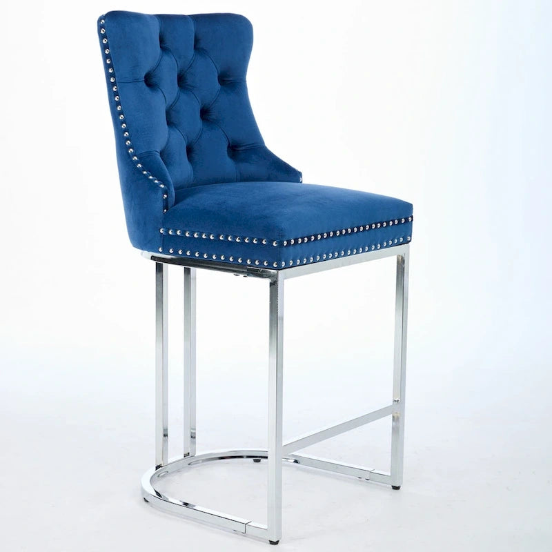 Velvet High-Back Counter Stool, Set of 2 – Light Blue / Beige / Grey