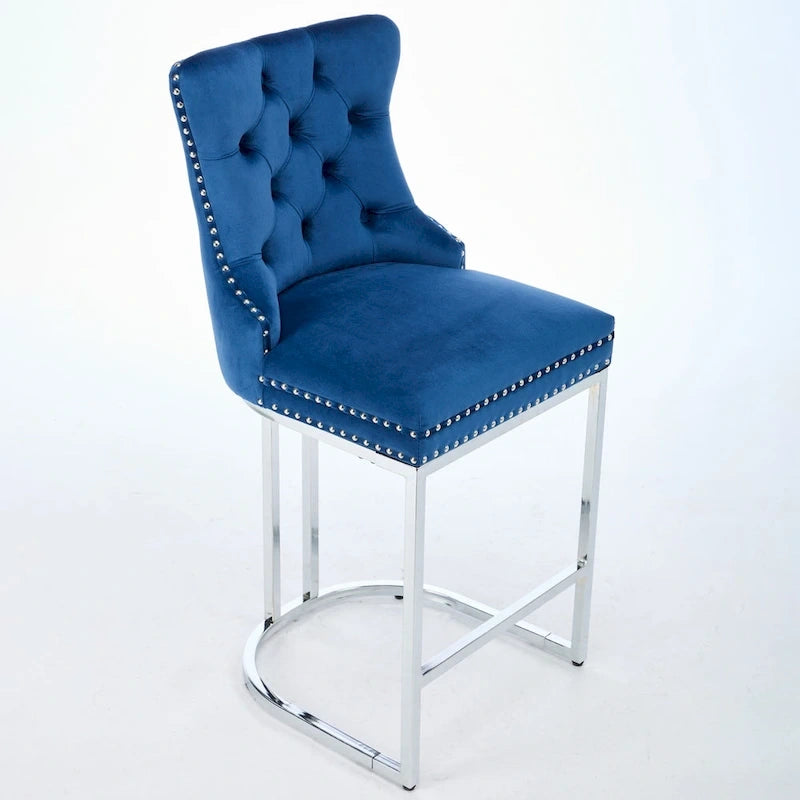 Velvet High-Back Counter Stool, Set of 2 – Light Blue / Beige / Grey