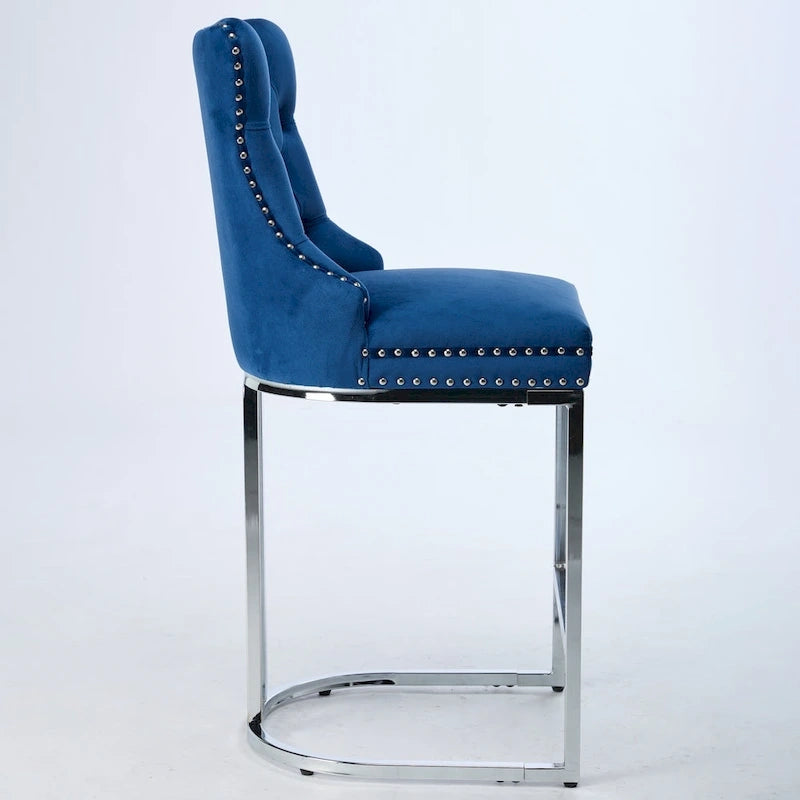 Velvet High-Back Counter Stool, Set of 2 – Light Blue / Beige / Grey