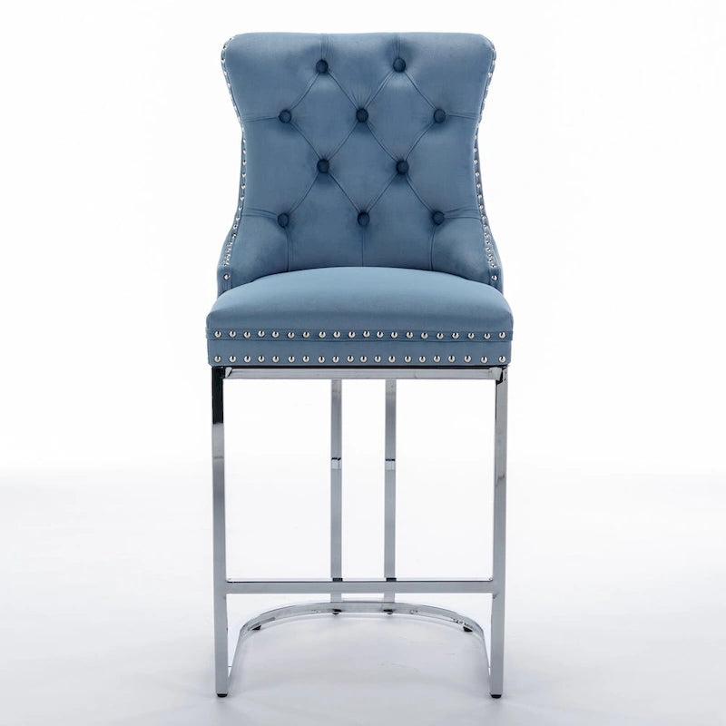 Velvet High-Back Counter Stool, Set of 2 – Light Blue / Beige / Grey