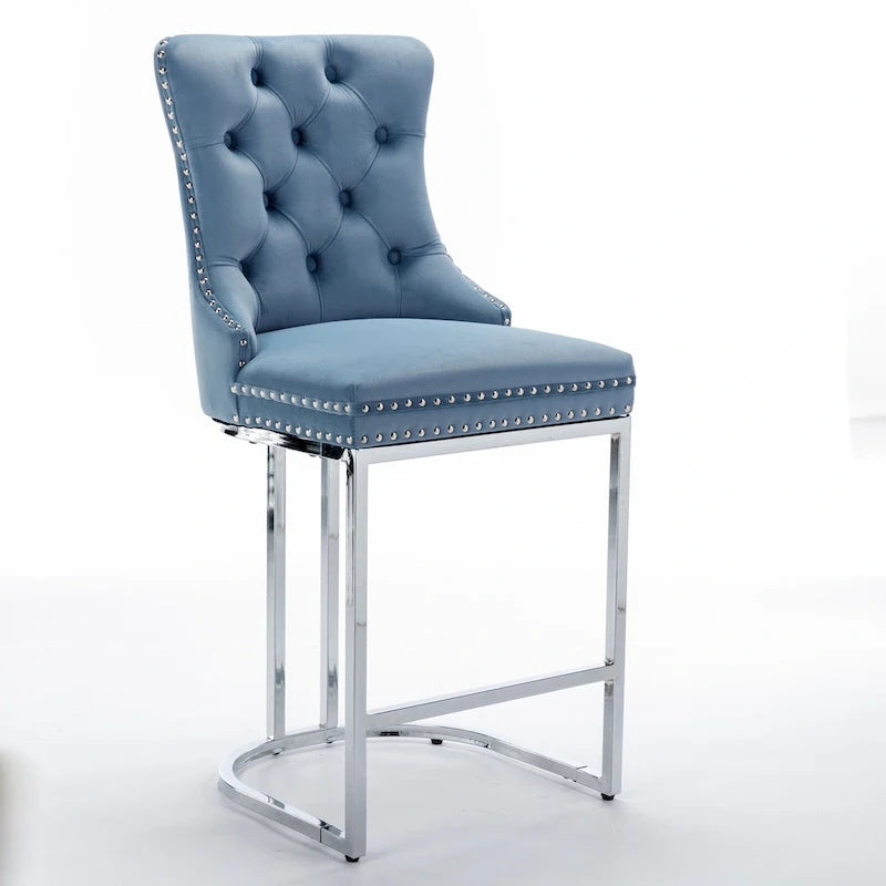 Velvet High-Back Counter Stool, Set of 2 – Light Blue / Beige / Grey