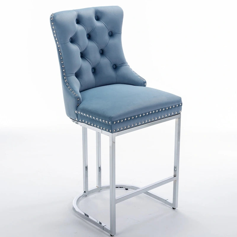 Velvet High-Back Counter Stool, Set of 2 – Light Blue / Beige / Grey
