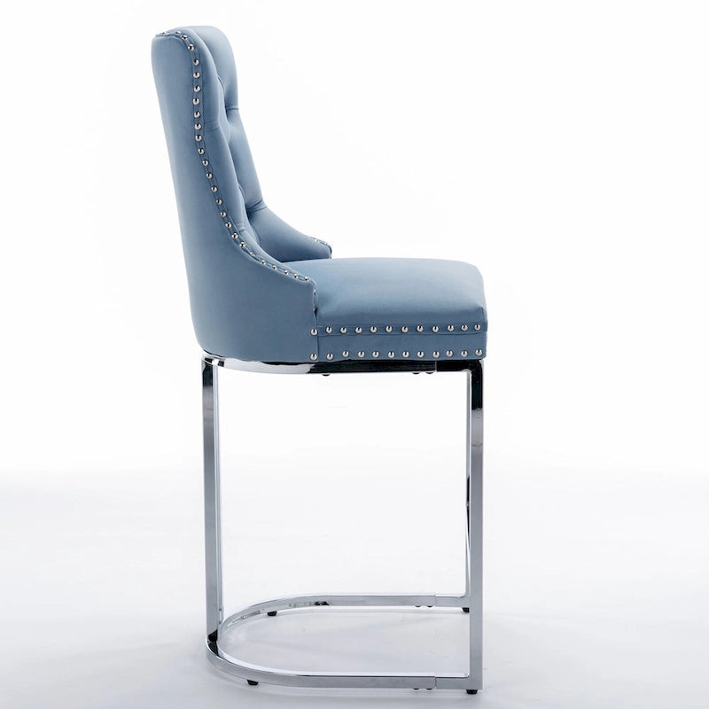 Velvet High-Back Counter Stool, Set of 2 – Light Blue / Beige / Grey
