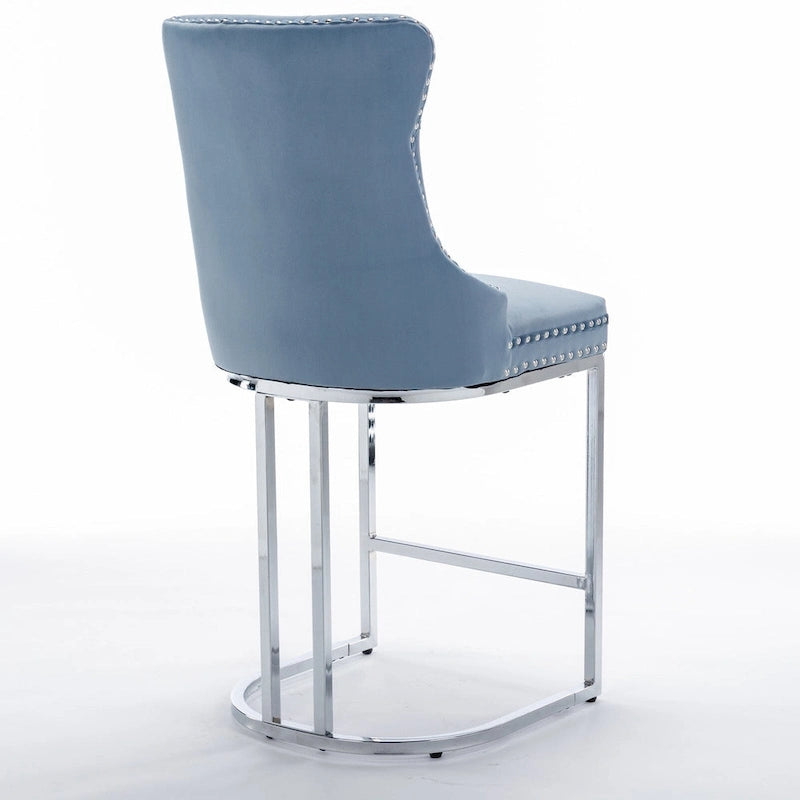 Velvet High-Back Counter Stool, Set of 2 – Light Blue / Beige / Grey