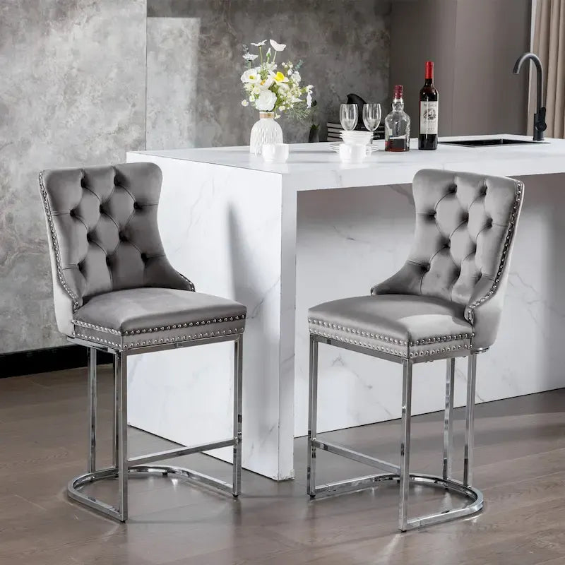 Velvet High-Back Counter Stool, Set of 2 – Light Blue / Beige / Grey