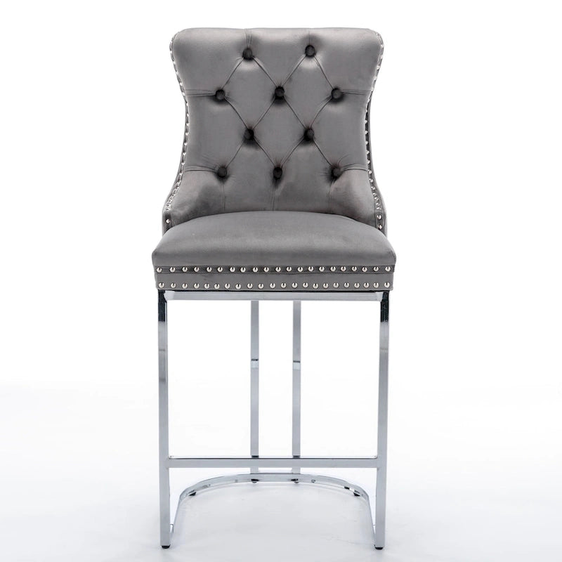 Velvet High-Back Counter Stool, Set of 2 – Light Blue / Beige / Grey