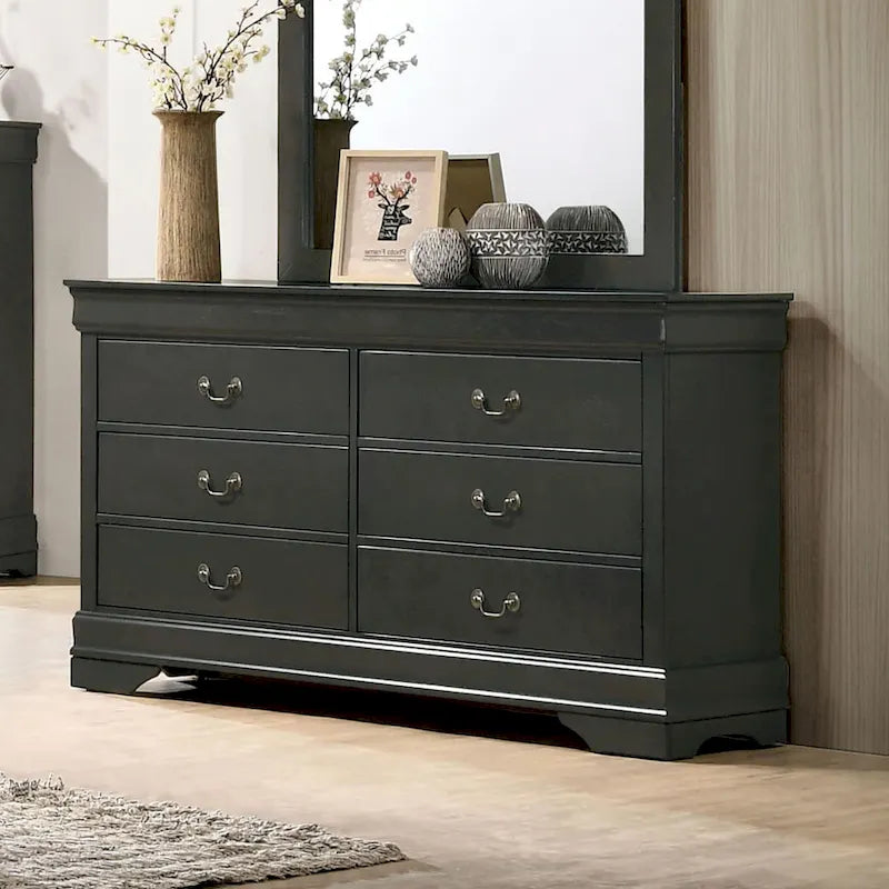 Black / Cherry / Grey Transitional 6-Drawer Wood Dresser, 58" Wide