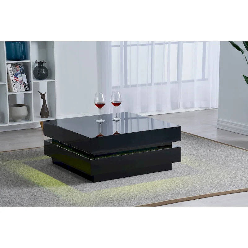 Black Glossy Square Coffee Table with LED Mood Light – 2-Layer, 1 Person