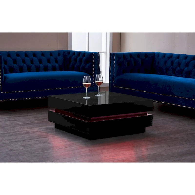 Black Glossy Square Coffee Table with LED Mood Light – 2-Layer, 1 Person