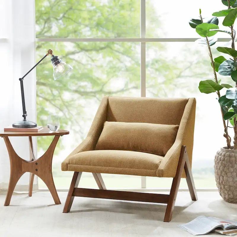 Mustard Yellow & Pecan Upholstered Lounge Chair, Single Seat