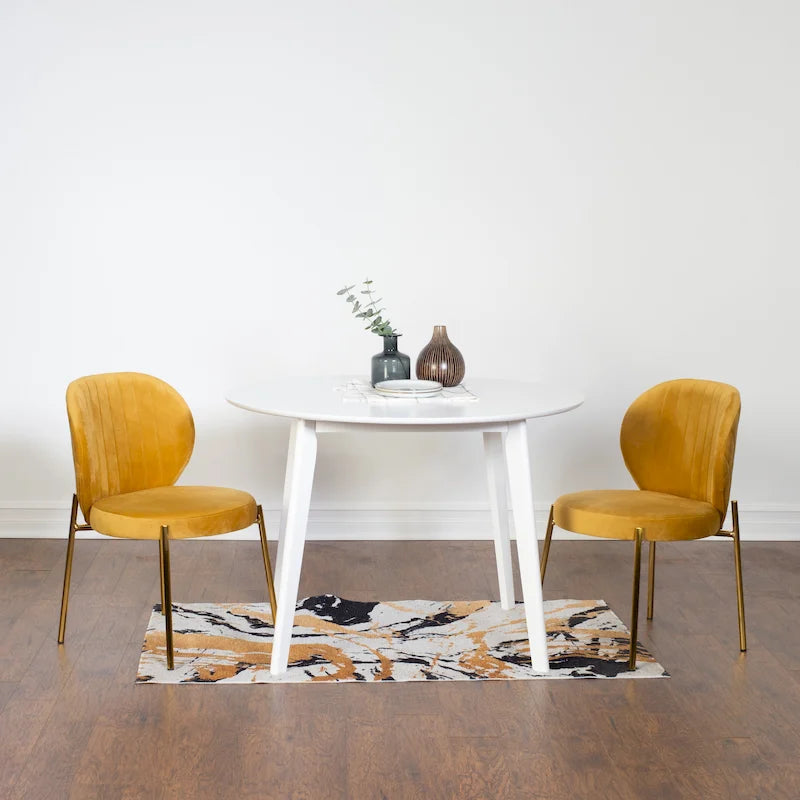 White Round Dining Table & 2 Velvet Chairs, 3-Piece Set – Blue / Green / Yellow