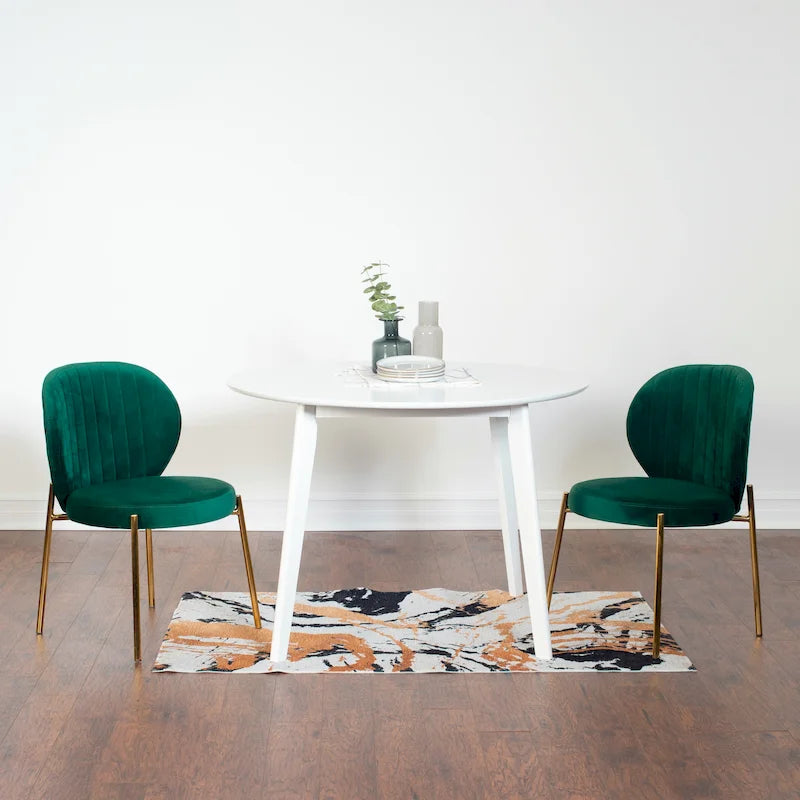 White Round Dining Table & 2 Velvet Chairs, 3-Piece Set – Blue / Green / Yellow
