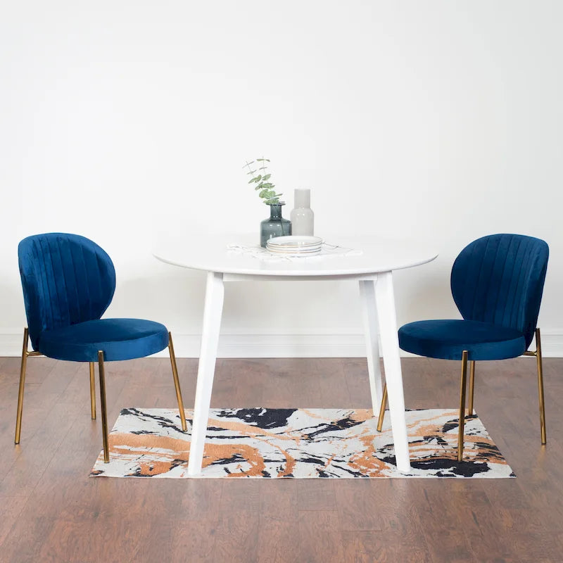 White Round Dining Table & 2 Velvet Chairs, 3-Piece Set – Blue / Green / Yellow