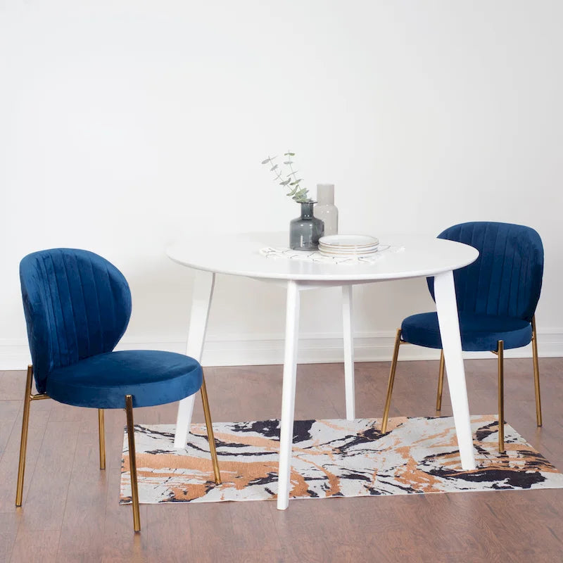 White Round Dining Table & 2 Velvet Chairs, 3-Piece Set – Blue / Green / Yellow