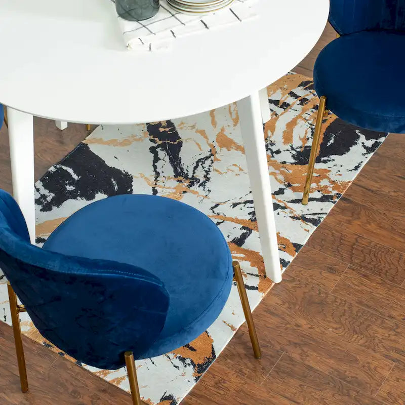 White Round Dining Table & 2 Velvet Chairs, 3-Piece Set – Blue / Green / Yellow