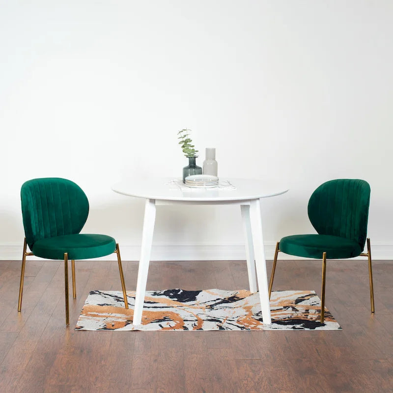 White Round Dining Table & 2 Velvet Chairs, 3-Piece Set – Blue / Green / Yellow