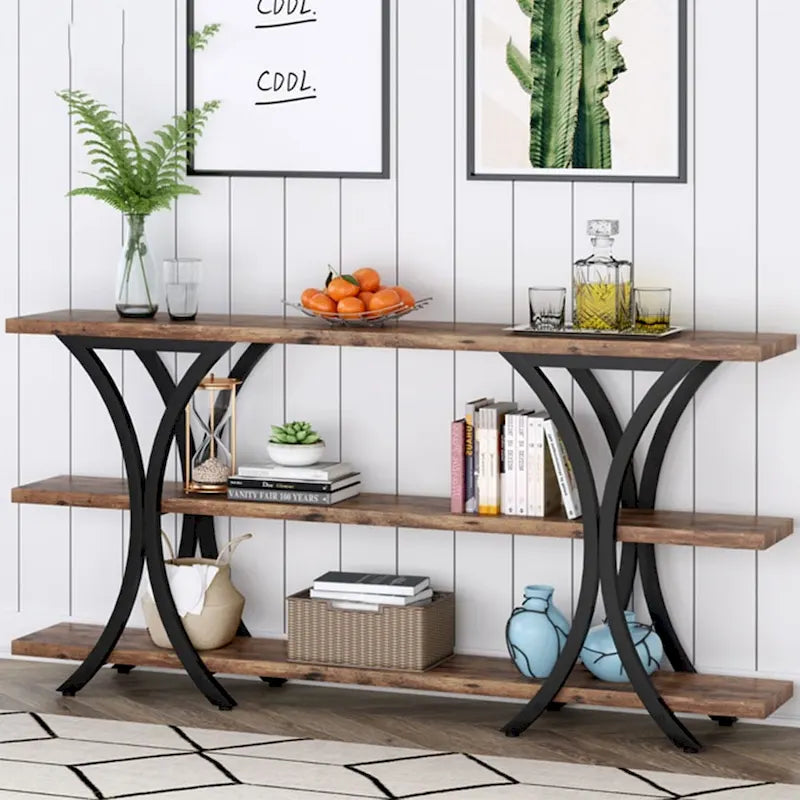 Narrow Console Table with 3-Tier Shelves – Brown / Grey / Gold, Industrial Style, For 1