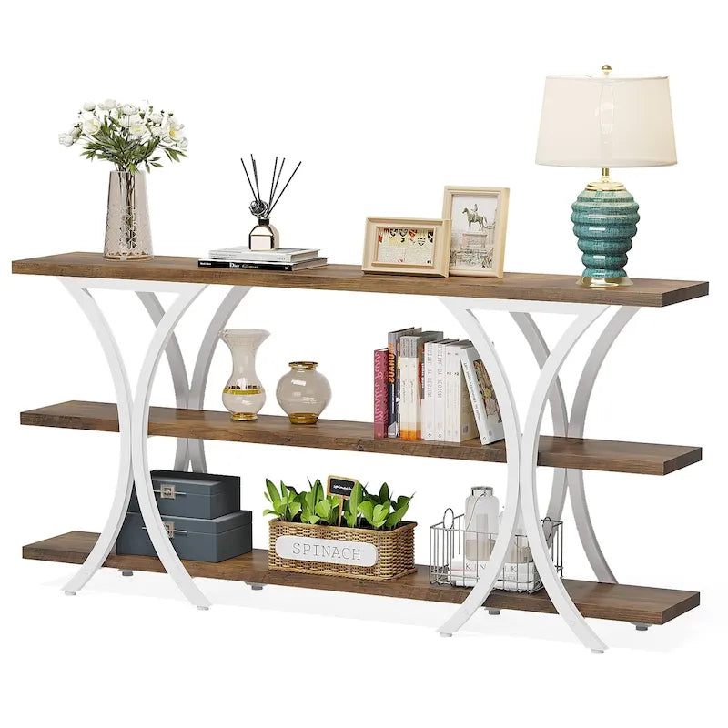 Narrow Console Table with 3-Tier Shelves – Brown / Grey / Gold, Industrial Style, For 1
