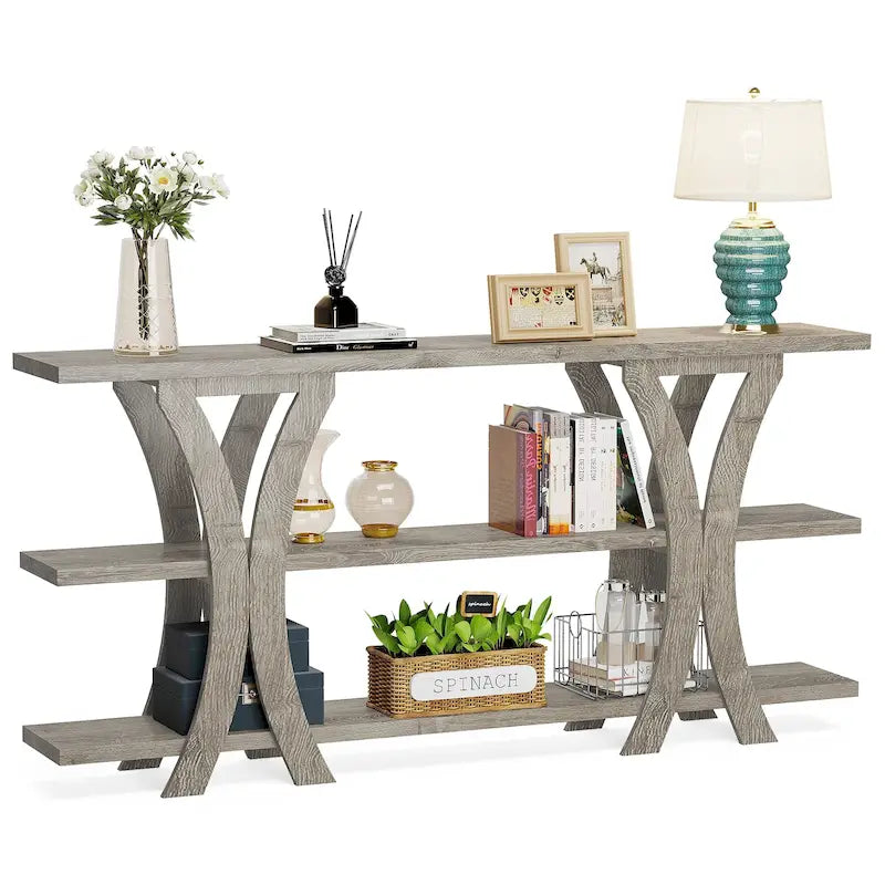 Narrow Console Table with 3-Tier Shelves – Brown / Grey / Gold, Industrial Style, For 1