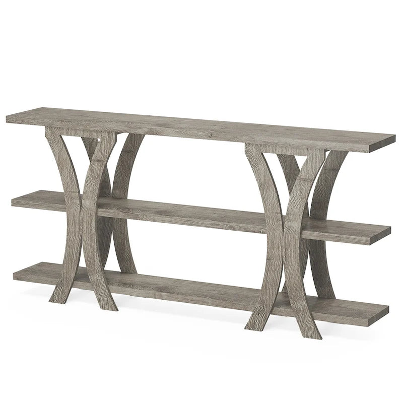 Narrow Console Table with 3-Tier Shelves – Brown / Grey / Gold, Industrial Style, For 1