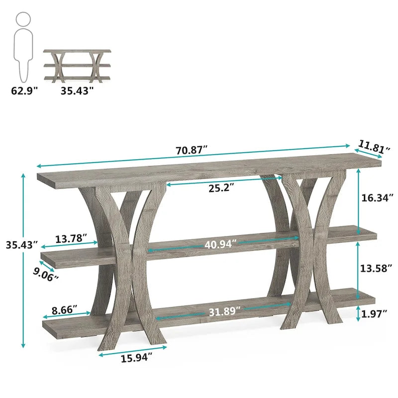 Narrow Console Table with 3-Tier Shelves – Brown / Grey / Gold, Industrial Style, For 1