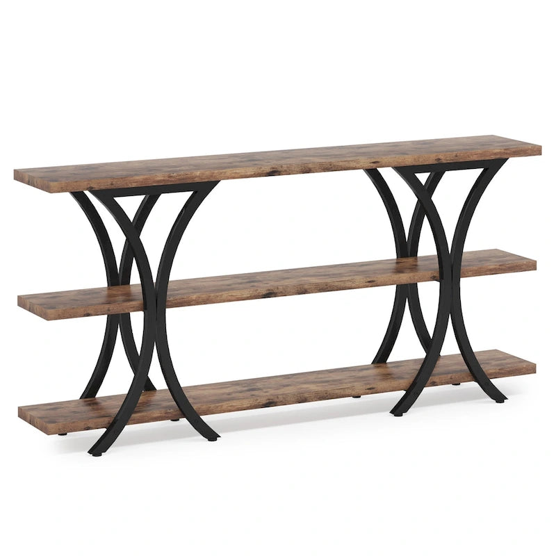 Narrow Console Table with 3-Tier Shelves – Brown / Grey / Gold, Industrial Style, For 1