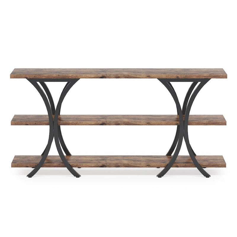 Narrow Console Table with 3-Tier Shelves – Brown / Grey / Gold, Industrial Style, For 1