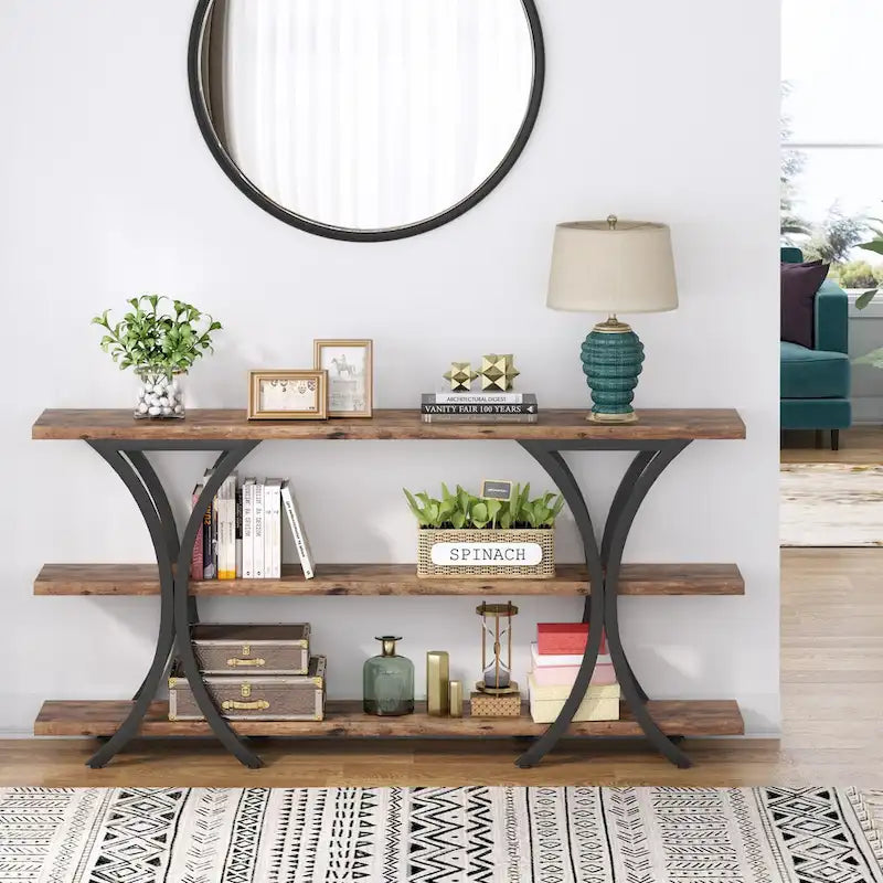 Narrow Console Table with 3-Tier Shelves – Brown / Grey / Gold, Industrial Style, For 1