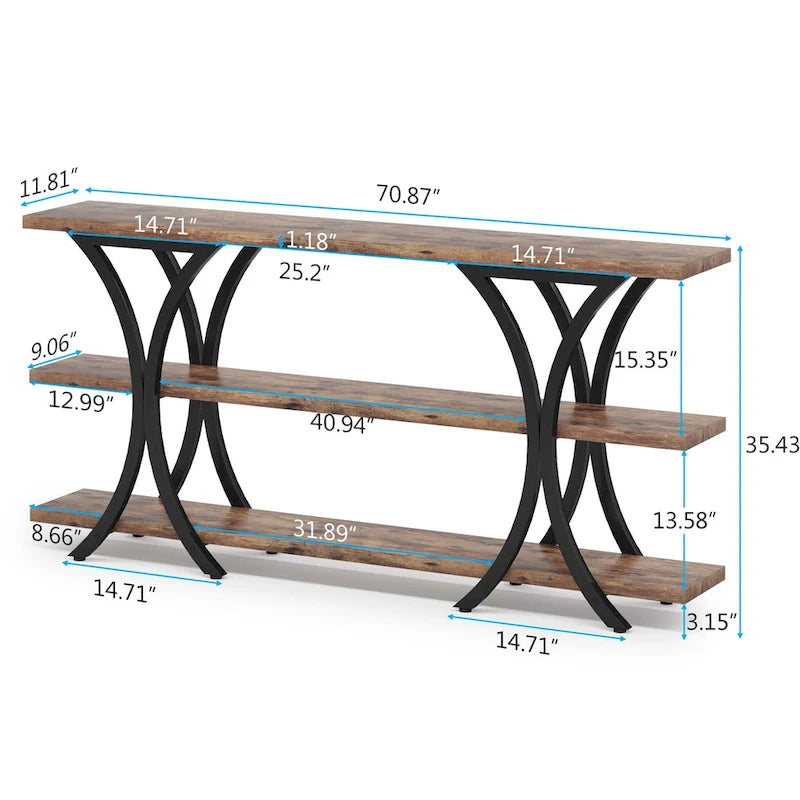 Narrow Console Table with 3-Tier Shelves – Brown / Grey / Gold, Industrial Style, For 1