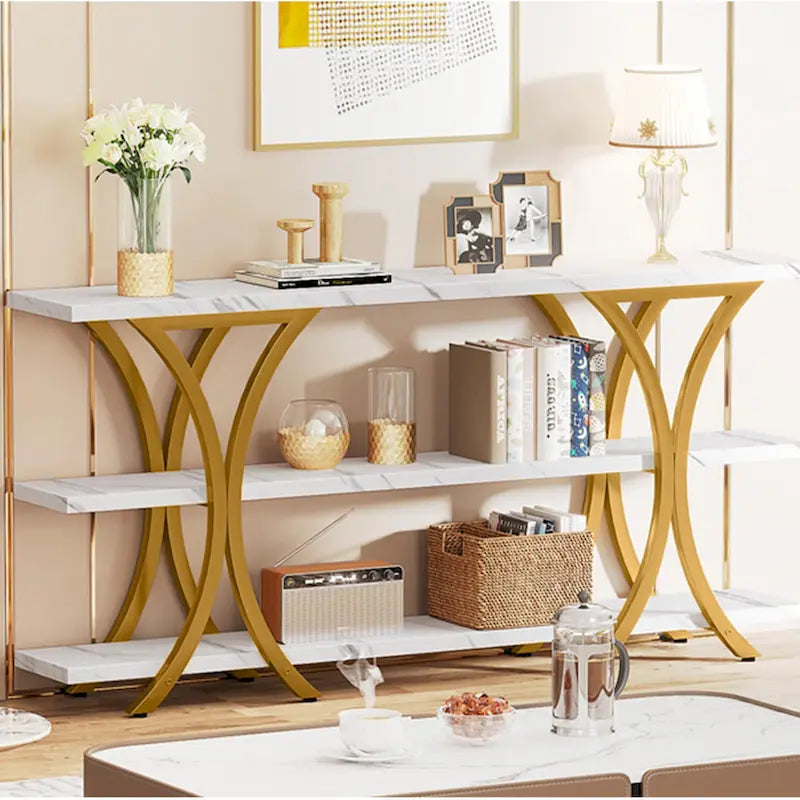 Narrow Console Table with 3-Tier Shelves – Brown / Grey / Gold, Industrial Style, For 1