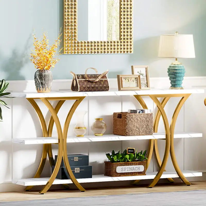 Narrow Console Table with 3-Tier Shelves – Brown / Grey / Gold, Industrial Style, For 1
