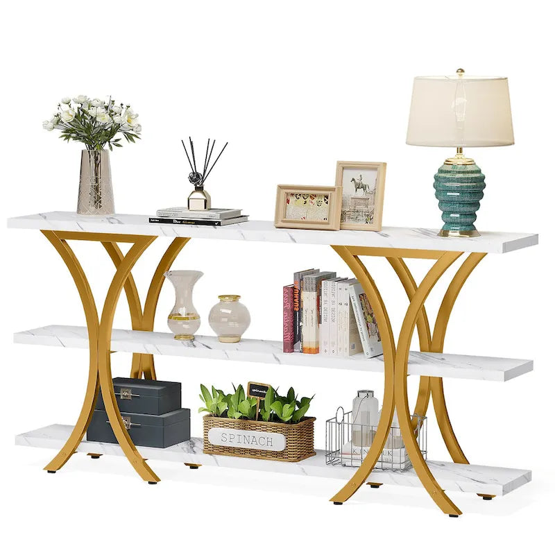 Narrow Console Table with 3-Tier Shelves – Brown / Grey / Gold, Industrial Style, For 1