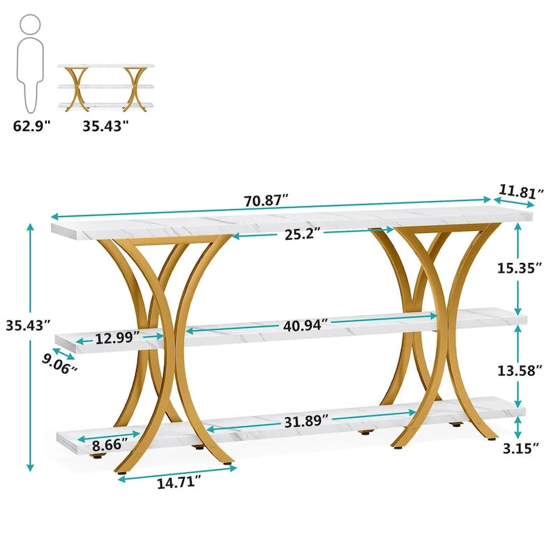 Narrow Console Table with 3-Tier Shelves – Brown / Grey / Gold, Industrial Style, For 1