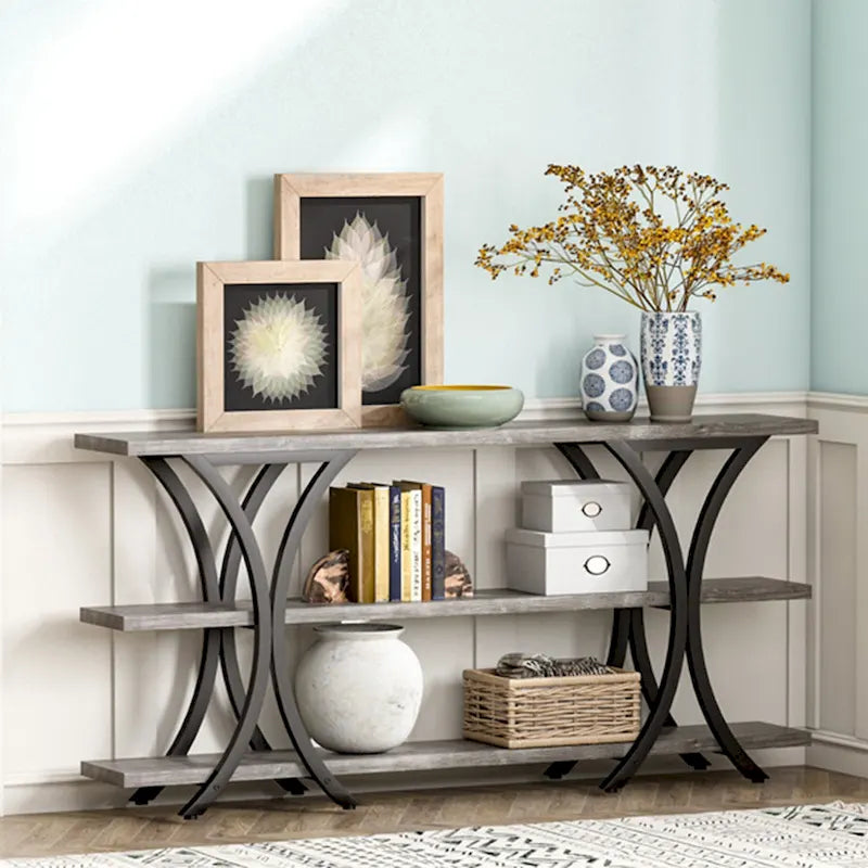Narrow Console Table with 3-Tier Shelves – Brown / Grey / Gold, Industrial Style, For 1