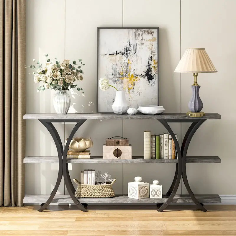 Narrow Console Table with 3-Tier Shelves – Brown / Grey / Gold, Industrial Style, For 1