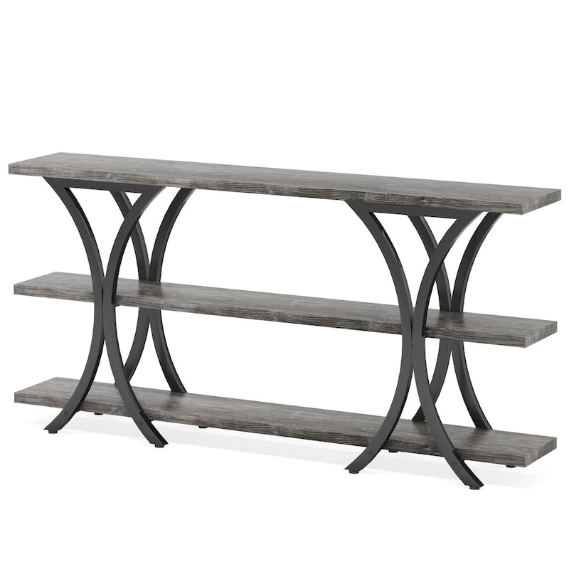 Narrow Console Table with 3-Tier Shelves – Brown / Grey / Gold, Industrial Style, For 1