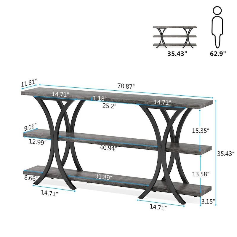 Narrow Console Table with 3-Tier Shelves – Brown / Grey / Gold, Industrial Style, For 1