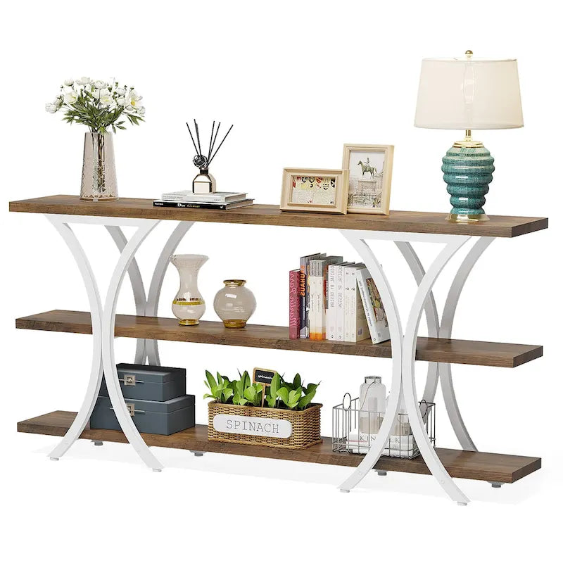 Narrow Console Table with 3-Tier Shelves – Brown / Grey / Gold, Industrial Style, For 1