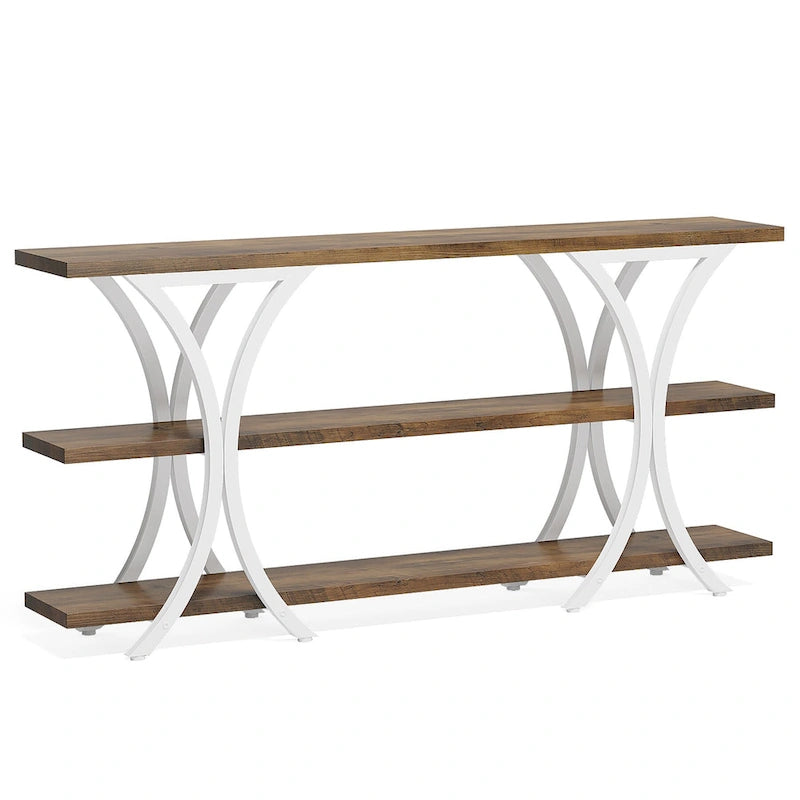 Narrow Console Table with 3-Tier Shelves – Brown / Grey / Gold, Industrial Style, For 1