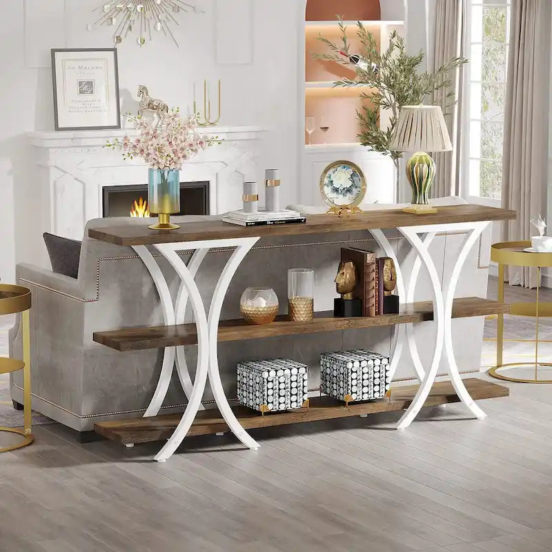 Narrow Console Table with 3-Tier Shelves – Brown / Grey / Gold, Industrial Style, For 1