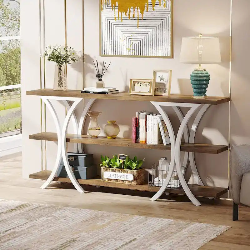 Narrow Console Table with 3-Tier Shelves – Brown / Grey / Gold, Industrial Style, For 1