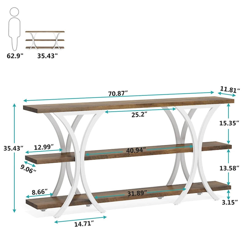 Narrow Console Table with 3-Tier Shelves – Brown / Grey / Gold, Industrial Style, For 1