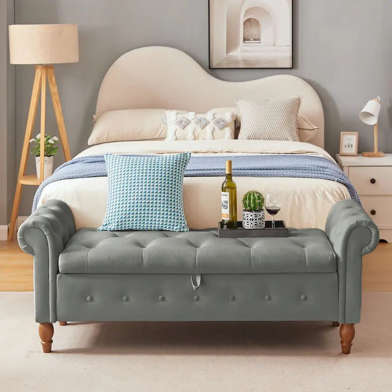 63" Grey/Beige Storage Ottoman Bench, Button-Tufted, Rolled Arms, 1-Person