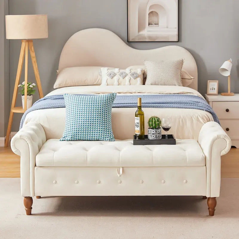63" Grey/Beige Storage Ottoman Bench, Button-Tufted, Rolled Arms, 1-Person