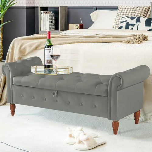 63" Grey/Beige Storage Ottoman Bench, Button-Tufted, Rolled Arms, 1-Person